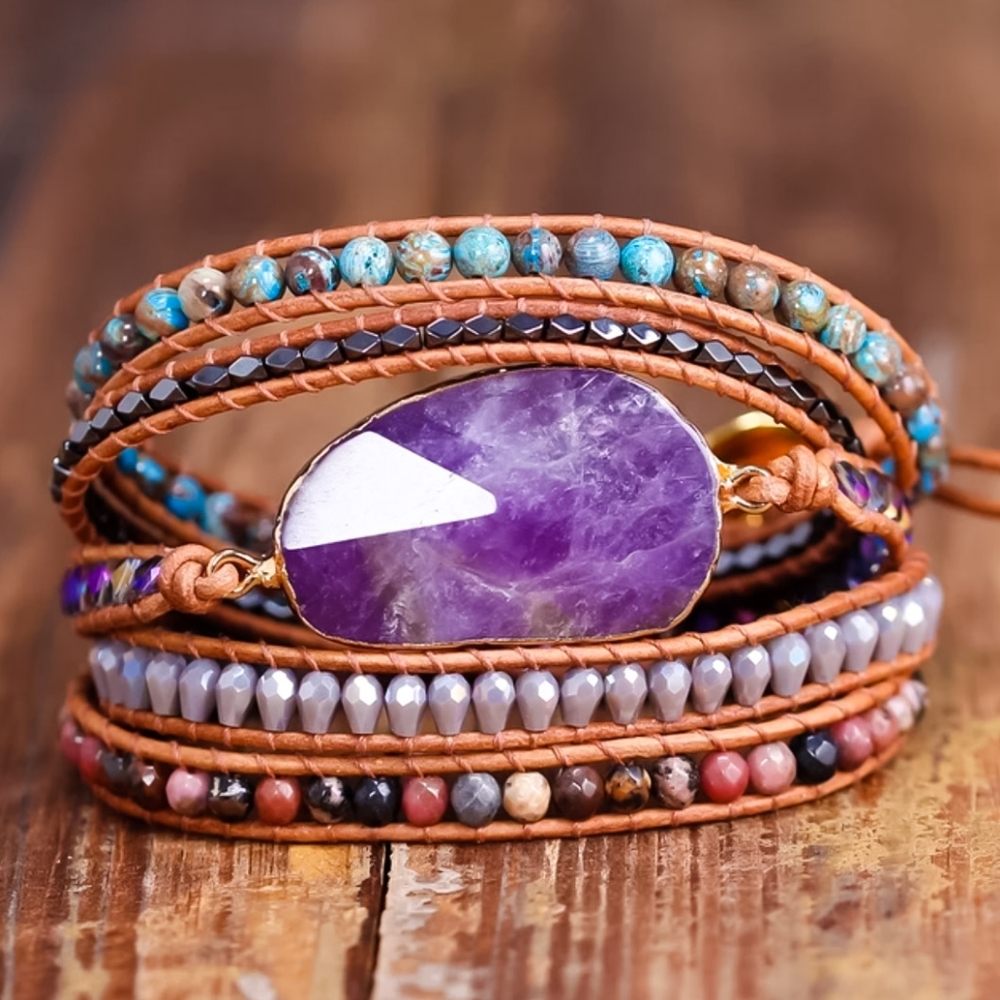 Unisex Boho Amethyst Pendant Leather Gemstone Wrap Bracelet Handmade - Picture 5 of 8